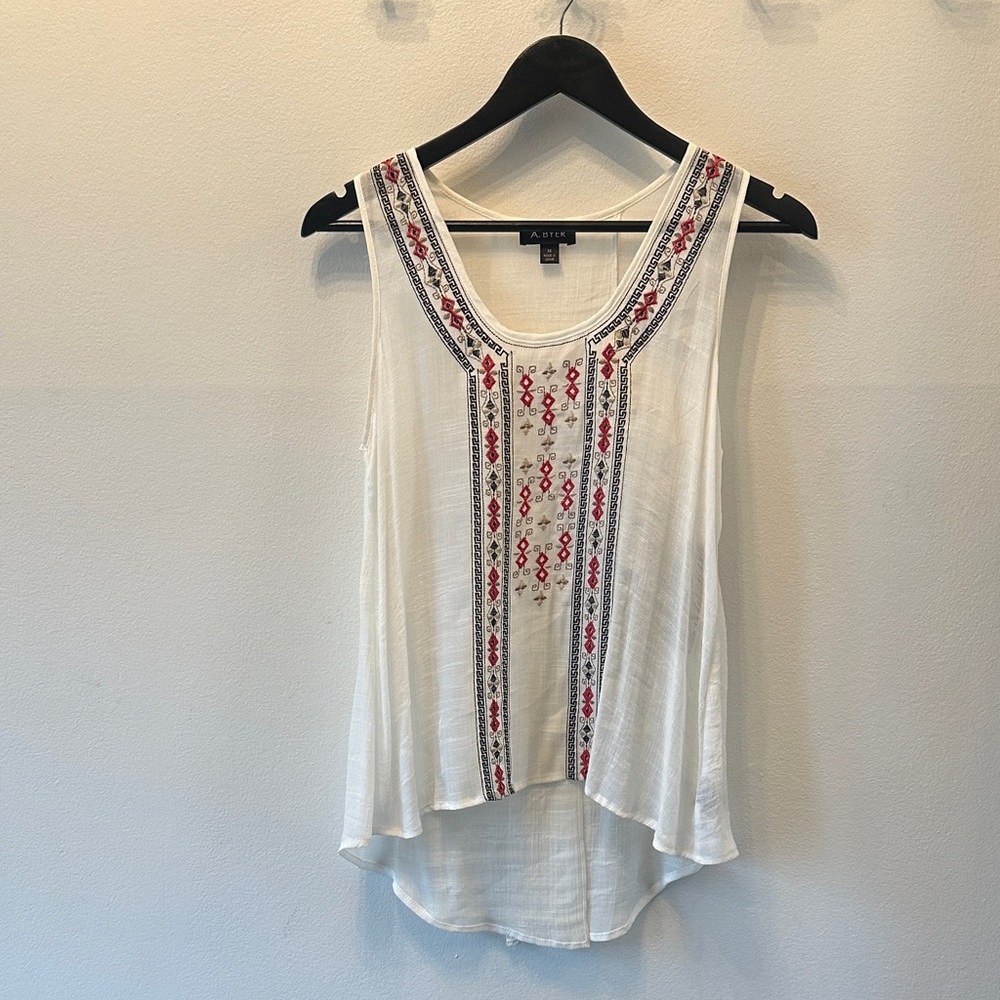 A. Byer White Sheer Tank Top with Red & Navy Embroidery